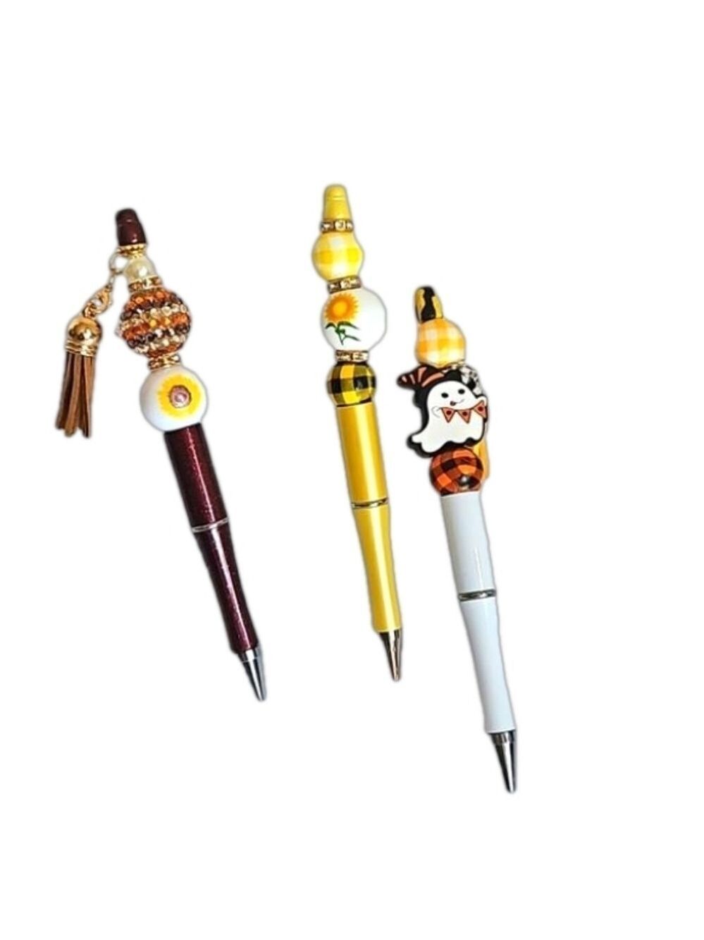 Hand Crafted 3 Set Pens Black Ink Beaded Sunflower Harvest Halloween Design